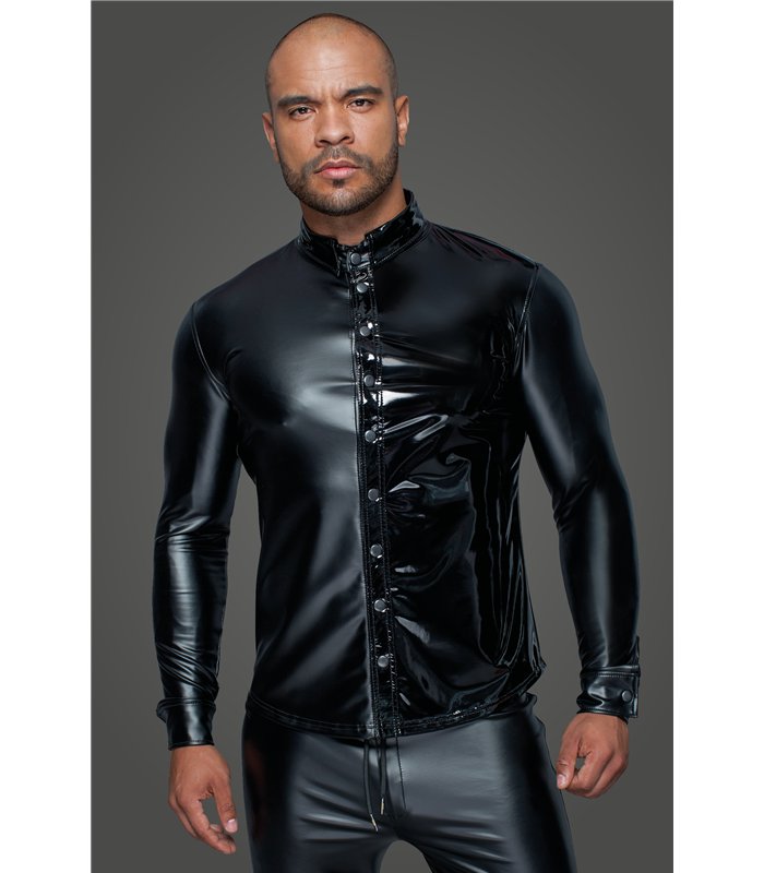 Long-sleeved Powerwetlook & PVC shirt with button placket - 3XL
