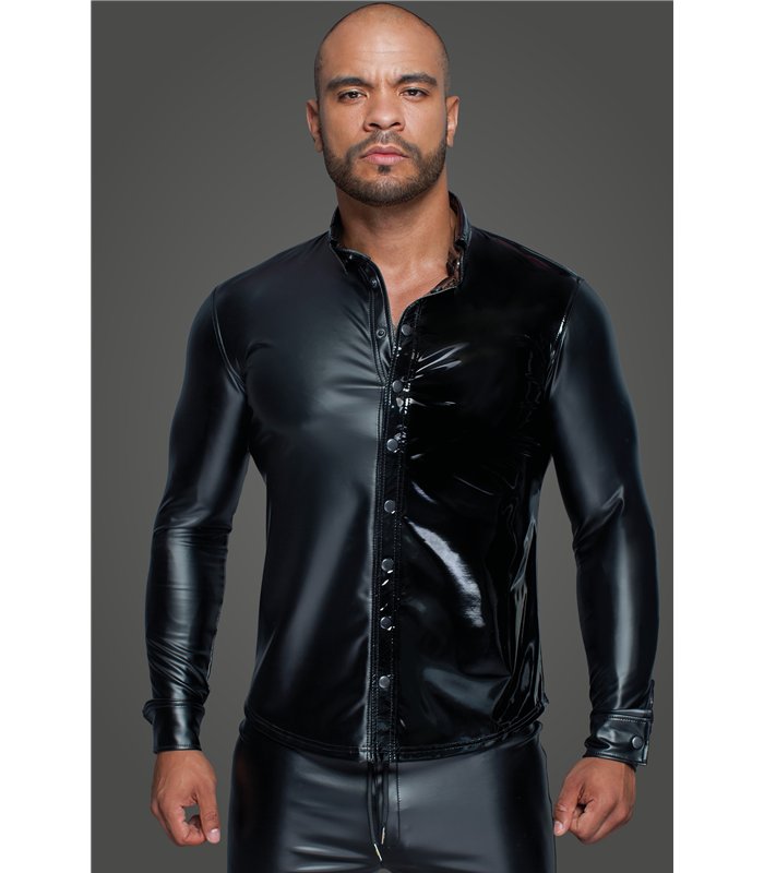 Long-sleeved Powerwetlook & PVC shirt with button placket - 3XL