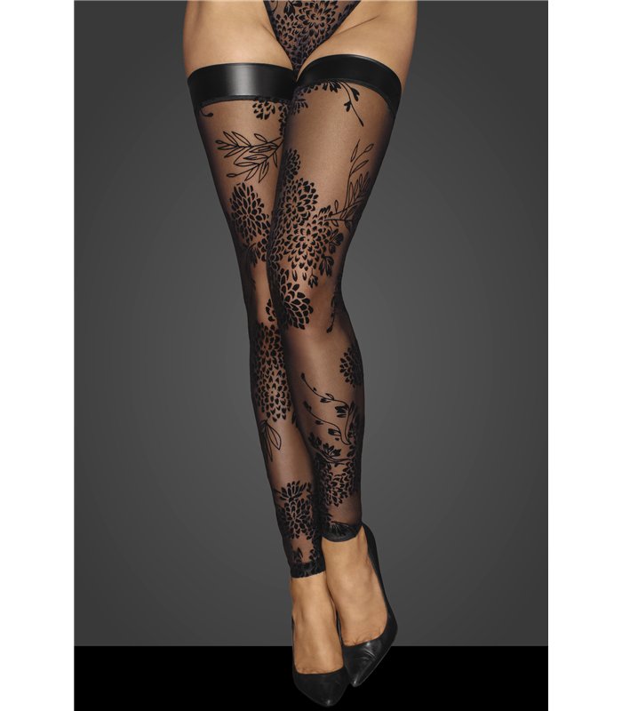 Tulle stockings with patterned flock embroidery - 3XL