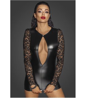 Short Powerwetlook dress with lace sleeves - 3XL Short Powerwetlook dress with lace sleeves - 3XL