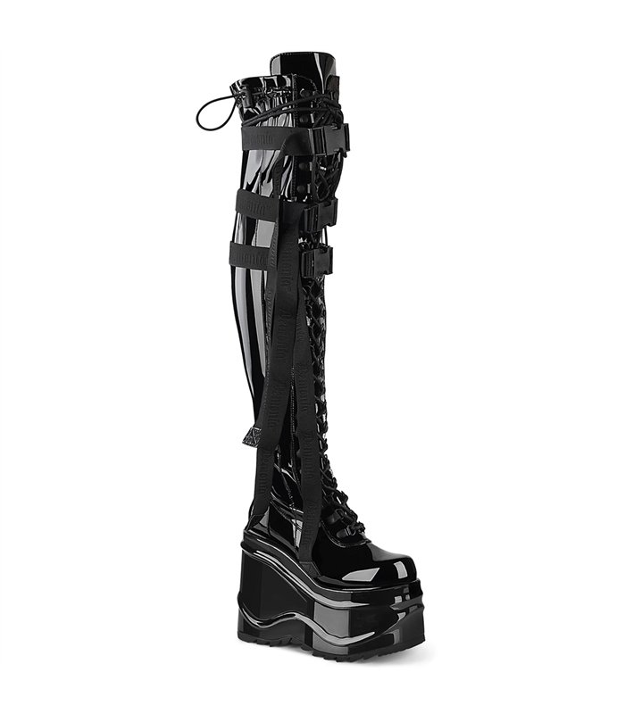 WAVE-315 Plateau Overknee Stiefel - Schwarz lack | Demonia