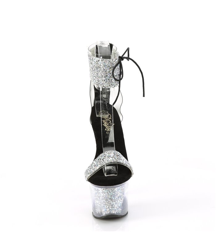 SKY-327RSI - Platform high heel sandal - silver/black with rhinestones | Pleaser
