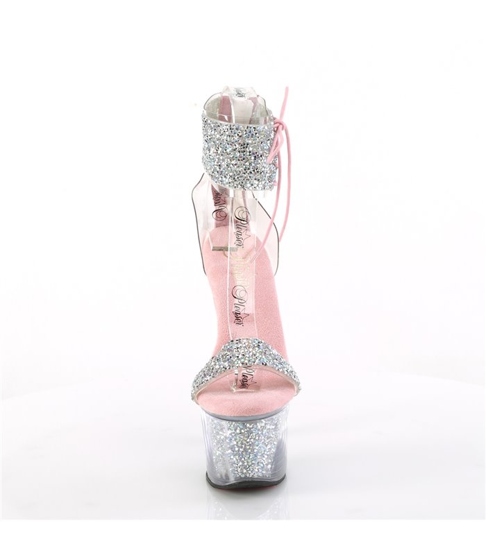 SKY-327RSI - Plateau High Heel Sandalette - Rosa/Silber mit Strass | Pleaser