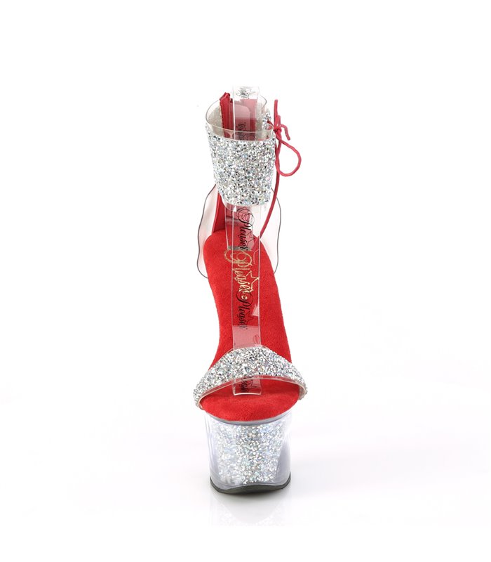 SKY-327RSI - Plateau High Heel Sandalette - Silber/Rot mit Strass | Pleaser