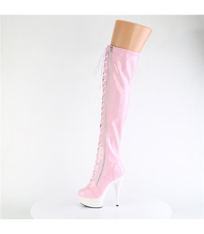 DELIGHT-3029 - Platform Overknee Boots - Pink/white holographic | Pleaser