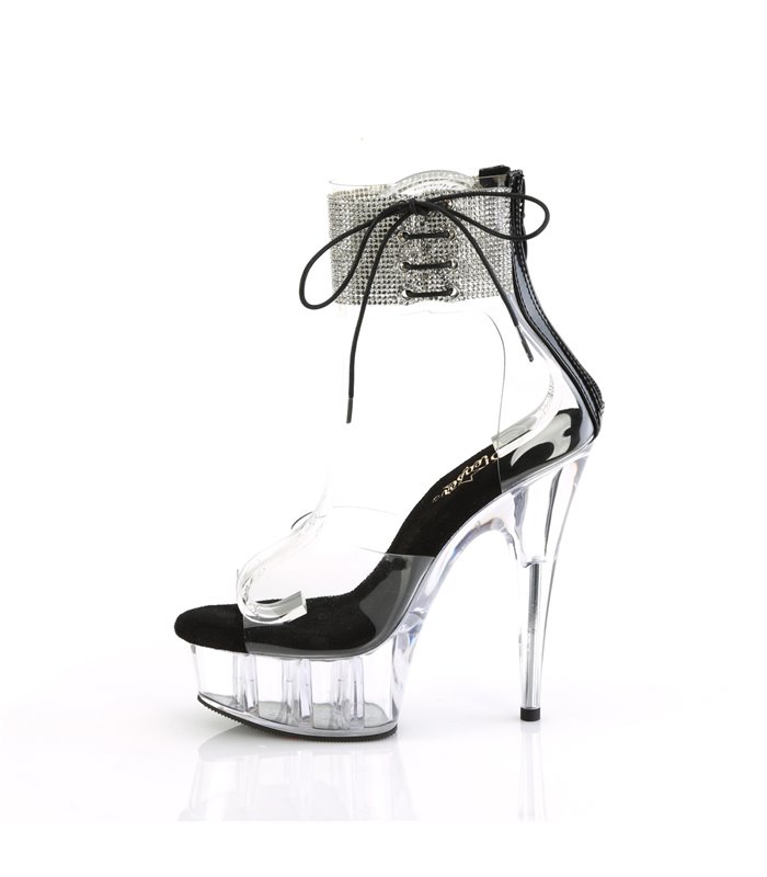 DELIGHT-624RS - Plateau High Heel Sandalette - Klar/Schwarz mit Strass | Pleaser