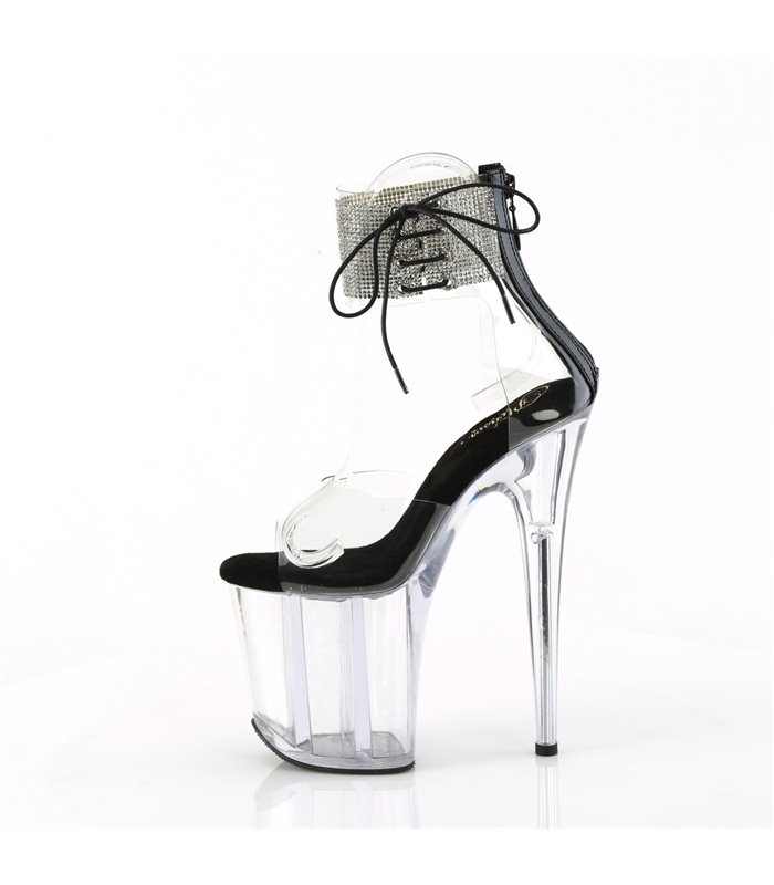 FLAMINGO-824RS - Plateau High Heel Sandalette - Schwarz/Klar mit Strass | Pleaser