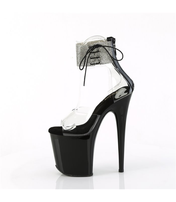 FLAMINGO-824RS - Platform high heel sandal - black shiny with rhinestones | Pleaser