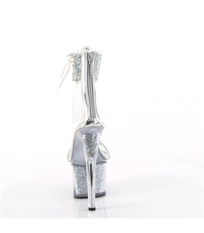 SKY-327RSI - Plateau High Heel Sandalette - Silber/Klar mit Strass | Pleaser