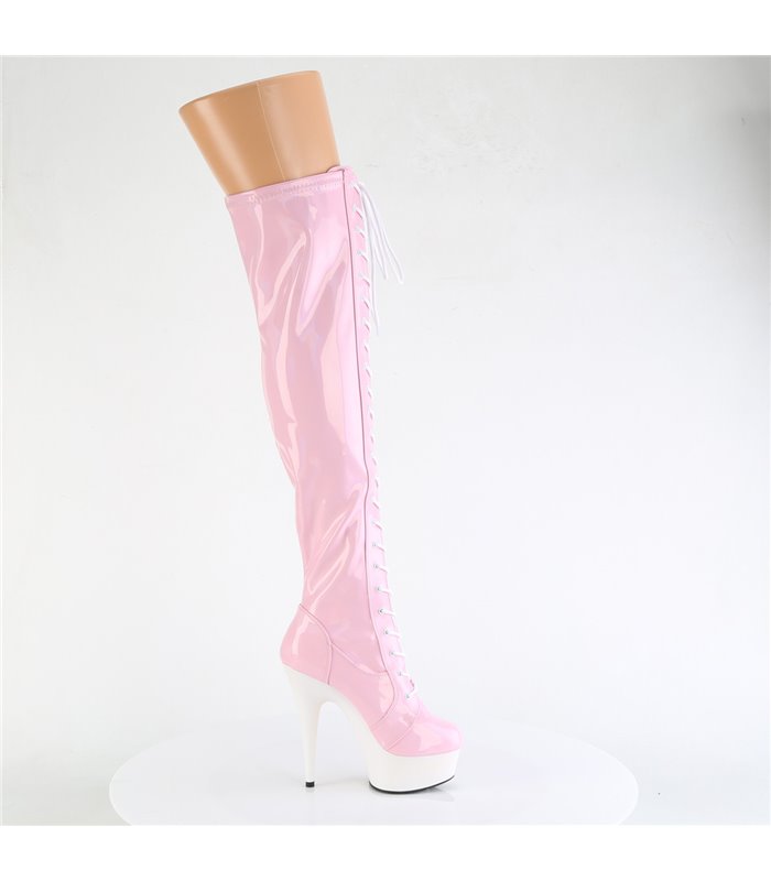 DELIGHT-3029 - Plateau Overknee Laarzen - Roze/wit holografische | Pleaser