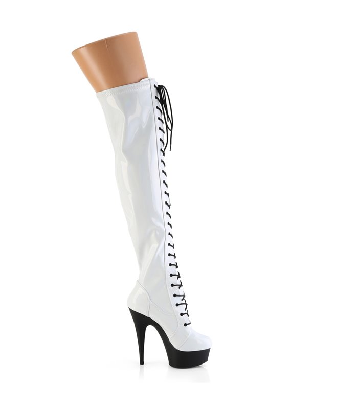 DELIGHT-3029 - Plateau Overknee Stiefel - Schwarz/Weiß Holografisch | Pleaser