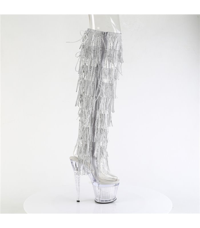 SPECTATOR-3019C-RSF - Plateau Overknee Stiefel - Silber/Klar mit Strass | Pleaser