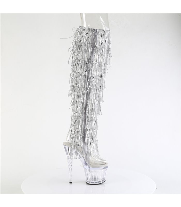 SPECTATOR-3019C-RSF - Platform Overknee Boots - Silver/Clear with Strass | Pleaser