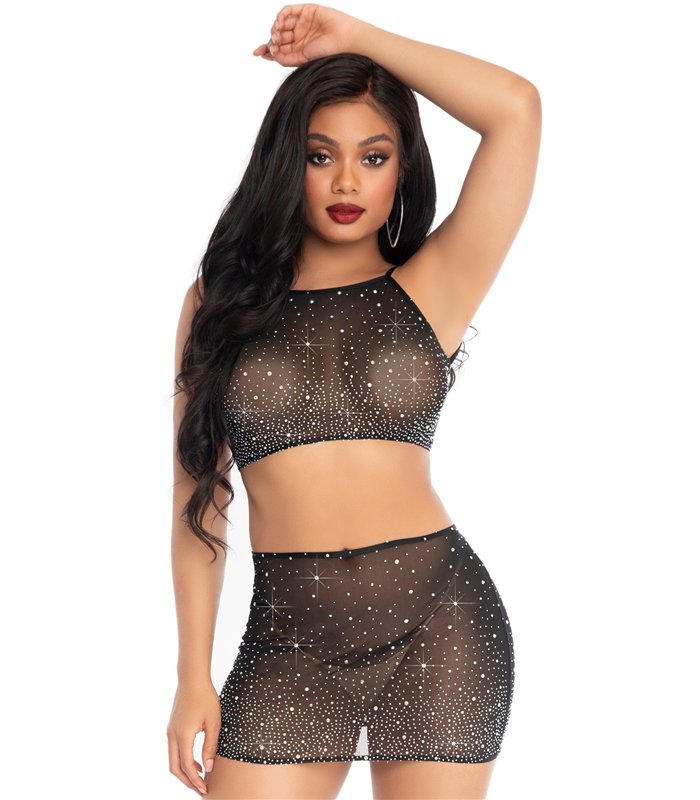 Durchsichtiges Spandex-Crop-Top und -Rock, mit Strass | Leg Avenue