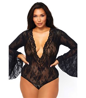 Bodysuit mit tiefem V-Ausschnitt und Trompetenärmeln Queensize schwarz | Leg Avenue
