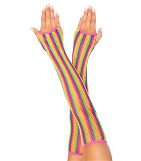 Kostümzubehör Regenbogen Armstulpen Fingerlos im feinmaschigen Fishnet-Look | Leg Avenue