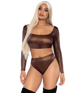 Langärmliges Crop-Top und high waist Höschen in Metallik | Leg Avenue