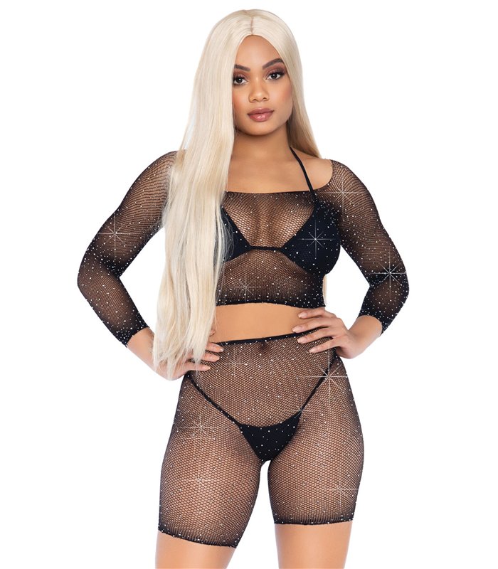 Crop-Top und Biker-Shorts mit StrassWäsche-Set mit Strapsen-Design | Leg Avenue
