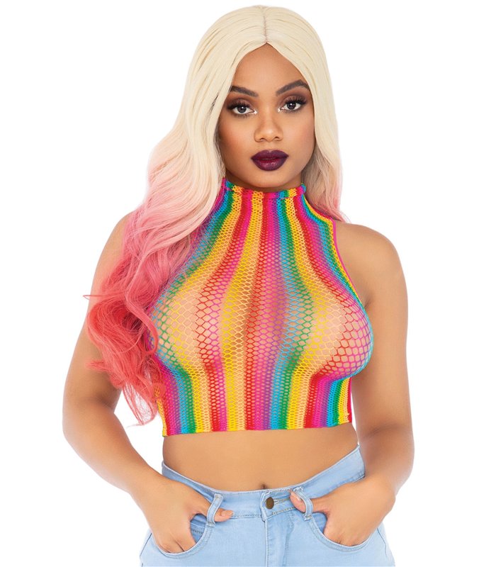Regenbogen-Netz-Crop-Top mit hohem Kragen | Leg Avenue