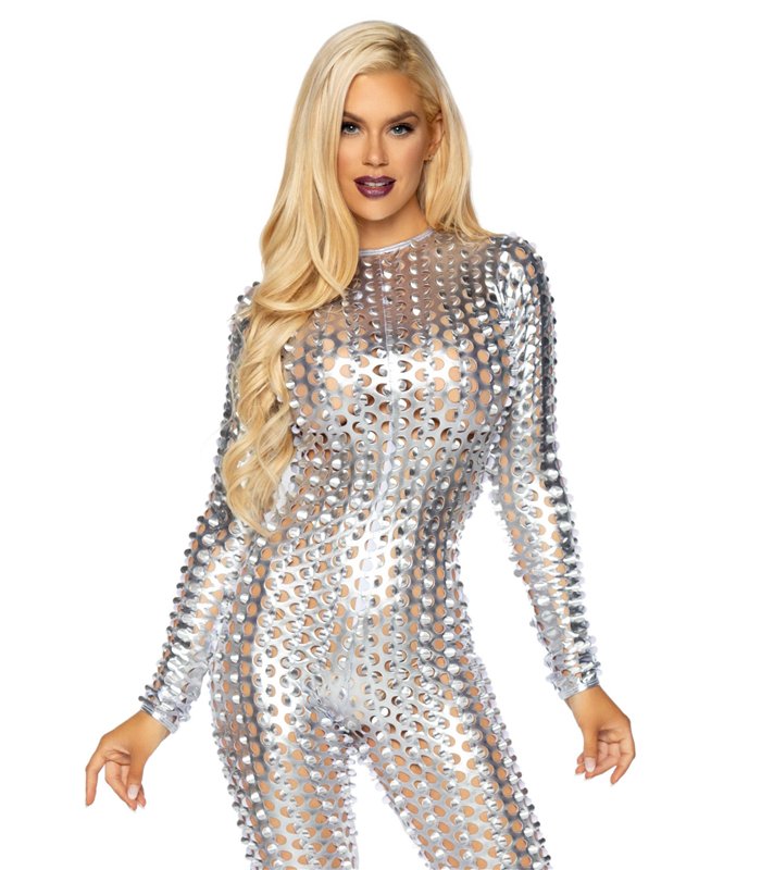 Laser cut metallic catsuit