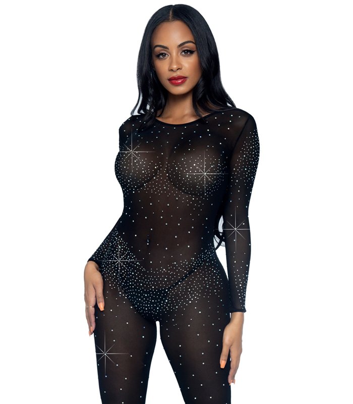 Overall mit Strasssteinen blickdicht schwarz | Leg Avenue