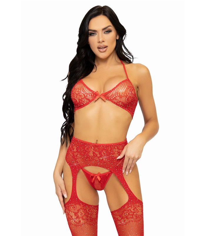 BH-Oberteil mit Strass-Spitze, G-String und Netzstrümpfe | Leg Avenue