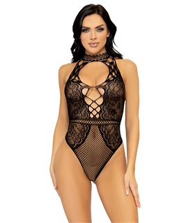 Net and lace keyhole bodysuit