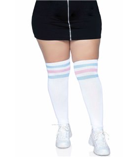 Overknee Strümpfe 3 Streifen Plussize schwarz mit weißen Streifen | Leg Avenue