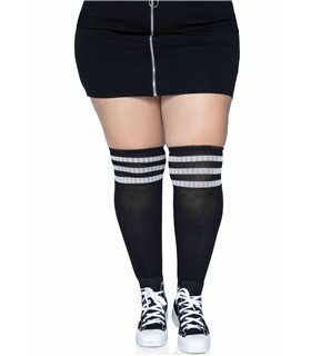 Overknee Strümpfe 3 Streifen Plussize schwarz mit weißen Streifen | Leg Avenue