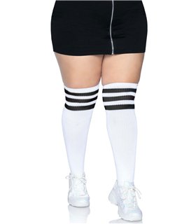 Overknee Strümpfe 3 Streifen Plussize schwarz mit weißen Streifen | Leg Avenue