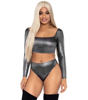 Langärmliges Crop-Top und high waist Höschen in Metallik | Leg Avenue