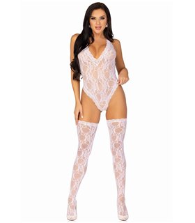 Lace deep-V teddy & stockings