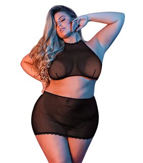Polka Dot Mesh Halter & Skirt Set - Black - S/M Polka Dot Mesh Halter & Skirt Set - Black - S/M